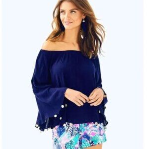 Lilly Pulitzer Delaney Off-Shoulder Top True Navy Size Large, Coin Detail | EUC